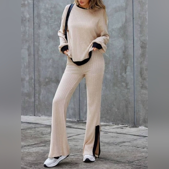 Contrast Round Neck Long Sleeve Top and Bootcut Pants Set - Picture 6 of 6